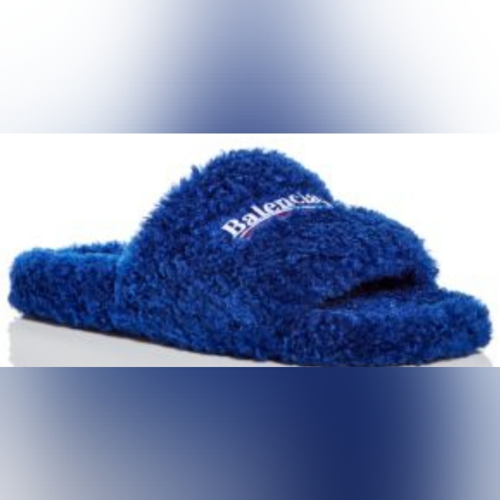 NIB BALENCIAGA Men's Blue Furry Slide Sandals - Political Logo Embroidery Eu45